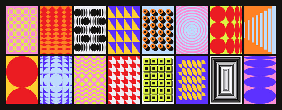 Abstract geometric posters. Minimal geometry backgrounds with modern basic simple shapes and forms, contemporary art print bauhaus swiss style. Vector banners set
