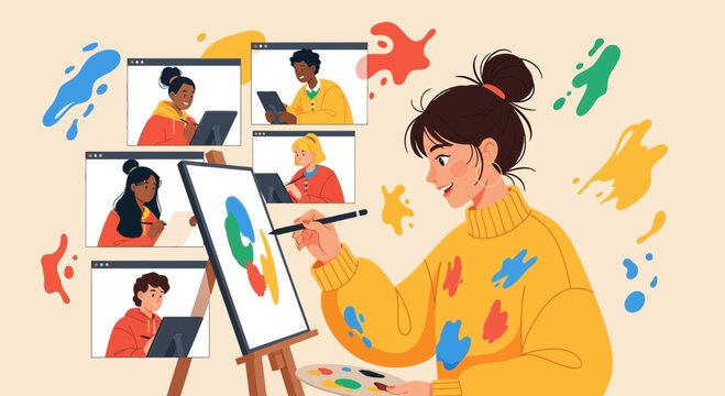 Creative Art Class Depicting Artistic Collaboration And Digital Classroom Education