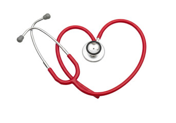 Red stethoscope forming a heart shape isolated PNG, medical equipment for healthcare and cardiology...