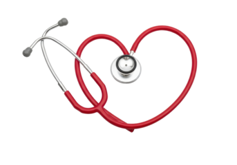 Red stethoscope forming a heart shape isolated PNG, medical equipment for healthcare and cardiology on transparent background