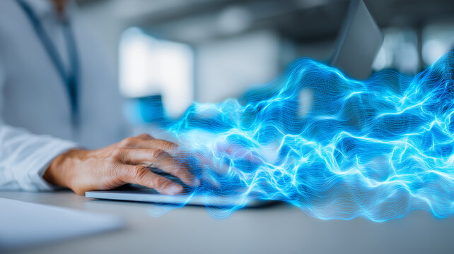 Dynamic data flow visualized across a workstation, suggesting high speed computing, connectivity, and technological innovation.

