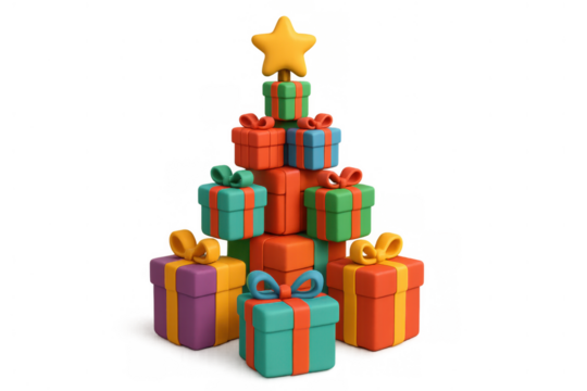 Christmas tree shape made from stacked gift boxes topped with a star, celebrating holidays and gift giving