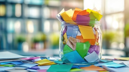 Glass jar collecting colorful paper notes ideas, copy space