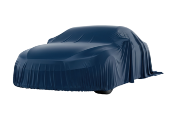 Mysterious car under blue cover PNG isolated on transparent background, vehicle reveal concept for marketing and advertising