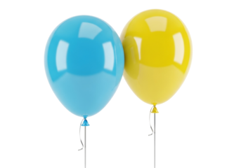 Two balloons PNG isolated, one blue and one yellow, party decoration for birthday or celebration on transparent background