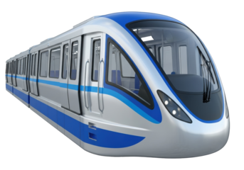 Modern blue and silver subway train PNG isolated on transparent background, high-speed transportation vehicle for urban transit systems