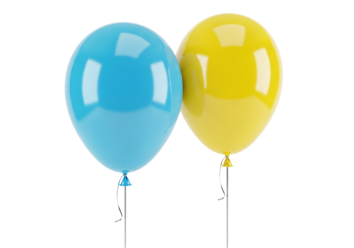 Two balloons PNG isolated, one blue and one yellow, party decoration for birthday or celebration on transparent background
