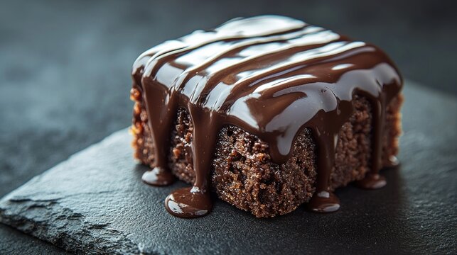 Gooey brownie covered in shiny chocolate sauce on a dark slate plate