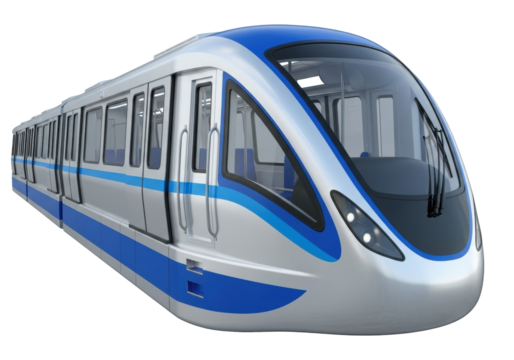 Modern blue and silver subway train PNG isolated on transparent background, high-speed transportation vehicle for urban transit systems