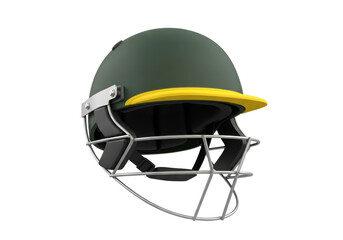 Green cricket helmet with yellow brim isolated PNG, protective headgear for batsman safety on transparent background