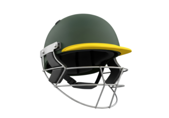 Green cricket helmet with yellow brim isolated PNG, protective headgear for batsman safety on transparent background