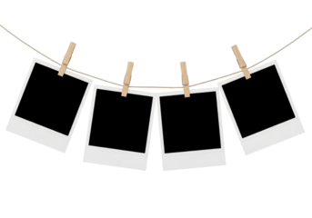 Four blank instant photo prints hanging on a rope isolated PNG, memories concept for scrapbooking and design projects