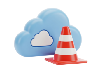 Blue cloud with a red and white striped traffic cone isolated PNG, symbol of under construction website or cloud service maintenance