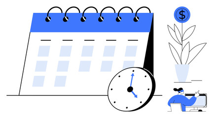 Large calendar with marked dates, circular clock, person working at a desk, plant with dollar motif. Ideal for planning, time management, productivity, deadlines, organization scheduling simple