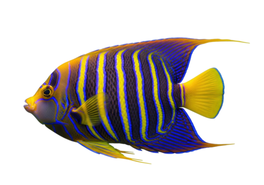 Striking blue and yellow regal angelfish PNG isolated on transparent background, vibrant tropical fish with unique markings - Powered by Adobe