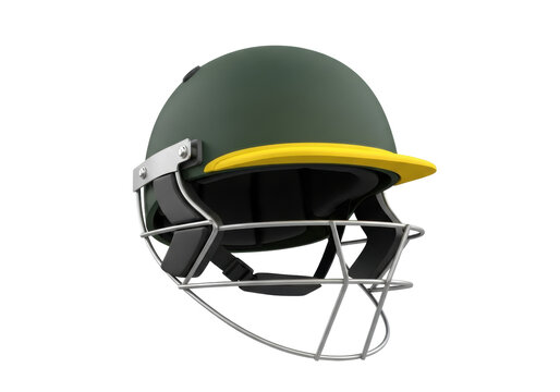 Green cricket helmet with yellow brim isolated PNG, protective headgear for batsman safety on transparent background - Powered by Adobe
