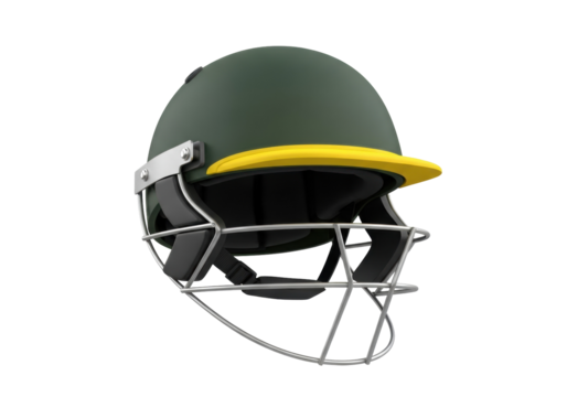 Green cricket helmet with yellow brim isolated PNG, protective headgear for batsman safety on transparent background