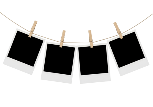 Four blank instant photo prints hanging on a rope isolated PNG, memories concept for scrapbooking and design projects