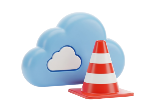 Blue cloud with a red and white striped traffic cone isolated PNG, symbol of under construction website or cloud service maintenance
