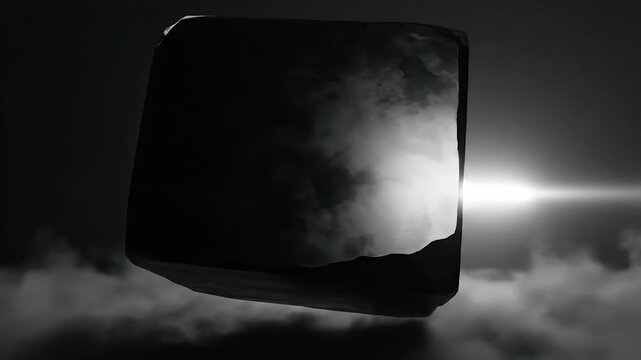Monolithic black cube floating in dark space, mysterious geometric object with lens flare, cinematic sci-fi monolith in foggy atmosphere