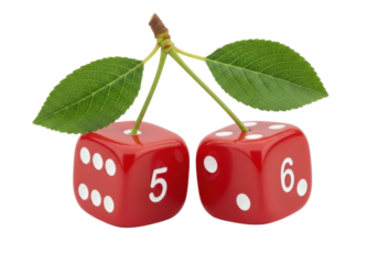Red dice with leaves PNG isolated on transparent background, gambling game concept with numbers five and six, luck and chance