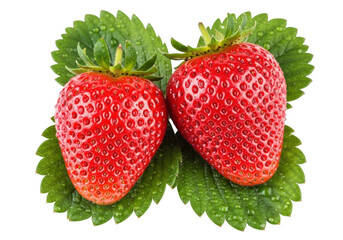 Two ripe strawberries PNG isolated on transparent background, fresh red berries with green leaves for healthy eating and summer designs