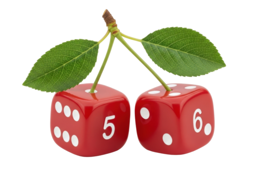 Red dice with leaves PNG isolated on transparent background, gambling game concept with numbers five and six, luck and chance