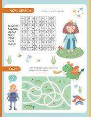 Pages for a children's activity book. The theme is a fairytale kingdom. Maze, word search. Fun activities for preschool children. Kids book kingdom theme. Vector illustration.