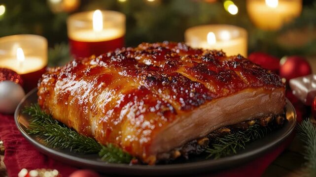 Cooked Norwegian ribbe with crispy crackling, garnished with rosemary and sage on a festive red tablecloth, candles and bokeh lights setting a cozy holiday mood