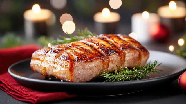 Cooked Norwegian ribbe with crispy crackling, garnished with rosemary and sage on a festive red tablecloth, candles and bokeh lights setting a cozy holiday mood