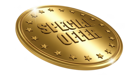 Golden coin with special offer text and star border isolated on transparent background