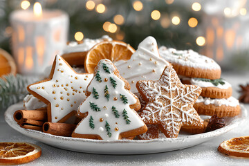 Christmas gingerbread cookies with icing and dried oranges on plate