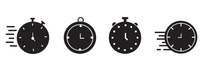 Fast response time clock vector symbol. quick, rush or faster work service Vector work time effect or delivery service time icon. Fast stopwatch icon with motion lines, representing speed
