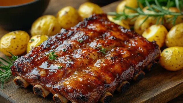 Roasted Norwegian pork ribs, known as ribbe, present a traditional Christmas dish with crispy skin, fresh rosemary, chives, small potatoes, and a side of yellow sauce