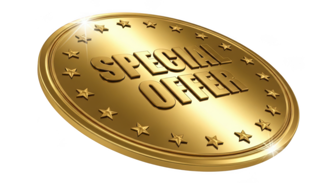 Golden coin with special offer text and star border isolated on transparent background