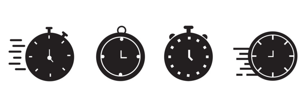 Fast response time clock vector symbol. quick, rush or faster work service Vector work time effect or delivery service time icon. Fast stopwatch icon with motion lines, representing speed