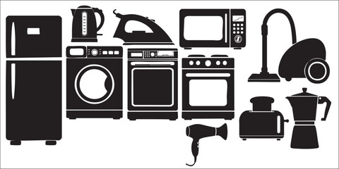 Home Kitchen Appliance White Goods Silhouettes on White Background Vector Fully Editable Smart Object Text Effect
