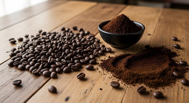 Coffee beans and ground coffee displayed on a rustic wooden surface