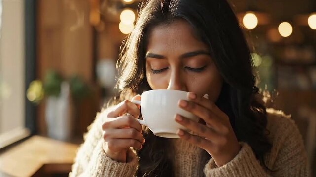 AI Generated indian young woman drinking coffee in cafe