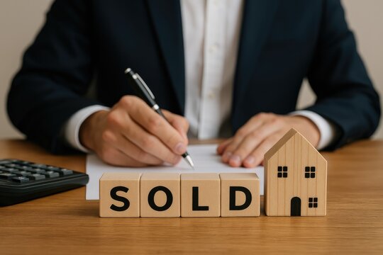 Business person signing contract with house icon and word sold, real estate deal