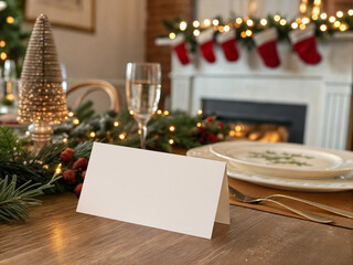 Christmas Card Mockup on Festive Dinner Table with Fireplace