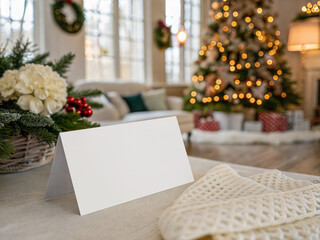 Christmas Card Mockup on Table in Cozy Holiday Interior