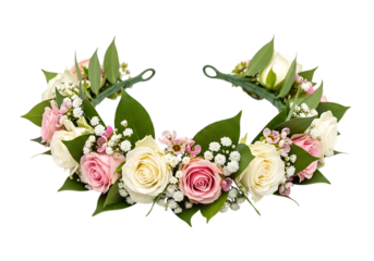Beautiful floral crown made of delicate white and pink roses and greenery isolated on transparent background