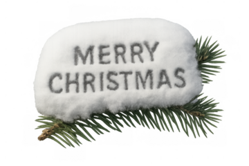 Merry christmas message written in fresh powder snow on a green pine branch, traditional winter holiday greeting