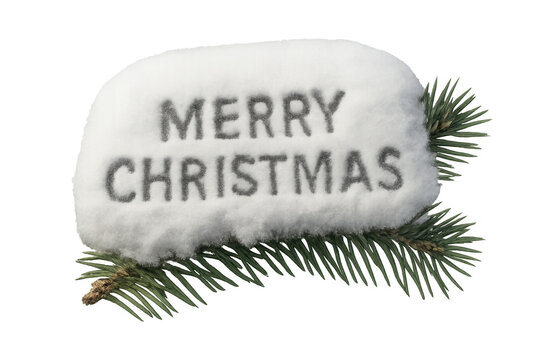 Merry christmas message written in fresh powder snow on a green pine branch, traditional winter holiday greeting