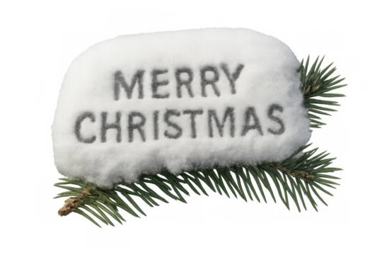 Merry christmas message written in fresh powder snow on a green pine branch, traditional winter holiday greeting