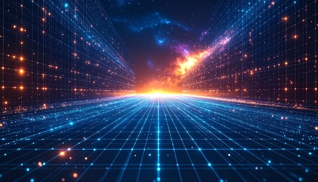 Abstract digital network visualization with glowing lines and data points