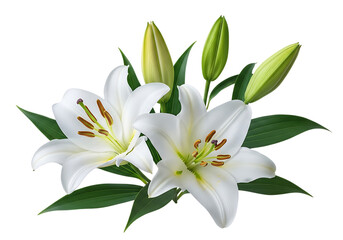 Fototapeta premium Elegant white lilies with green leaves and buds isolated on transparent background