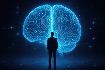 Man in suit gazes at glowing digital brain with circuit board patterns
