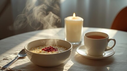 Cozy Breakfast with Steam and Soft Morning Light